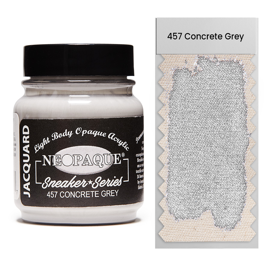 Jacquard Neopaque Sneaker 457 Concrete Grey 67 ml Dose Jacquard Neopaque Sneaker 457 Concrete Grey 67 ml mit Farbaufstrich auf Stoff, deckende Acrylfarbe