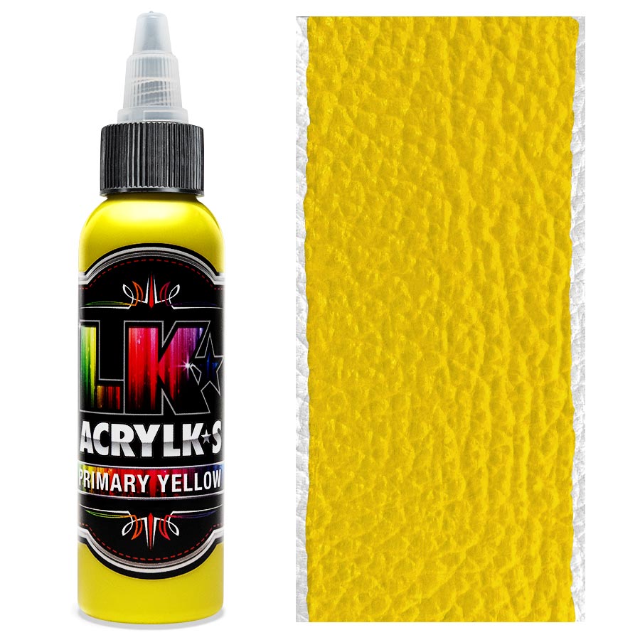 Liquid Kicks Acrylks Primary Yellow - jaune LK ACRYLKS est la peinture ultime pour le cuir, la toile, le vinyle, le plastique, le métal, le papier, le bois et bien plus encore. Les LK ACRYLKS ont une valeur chromatique élevée et sont incroyablement faciles à mélanger. Les artistes aiment la passion