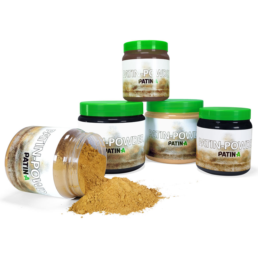 PATIN-POWDER distressing powder Five jars of PATIN-POWDER distressing powder, one tipped over with ochre powder