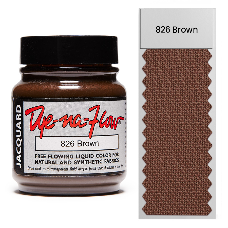 Jacquard Dye-Na-Flow 826 Brown 67 ml Flasche Jacquard Dye-Na-Flow 826 Brown 67 ml mit Farbmuster auf Stoff