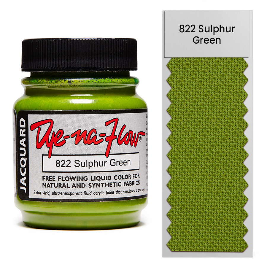 Jacquard Dye-Na-Flow 822 Sulphur Green 67 ml Flasche Jacquard Dye-Na-Flow 822 Sulphur Green 67 ml mit Farbmuster auf Stoff