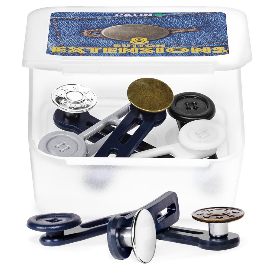 4 Jeans- und 4 Kunststoffknöpfe mit praktischer Gummischlaufe in silber, messing, schwarz, weiß, blau und grau helfen bei Anprobe, am Set oder auch zuhause.