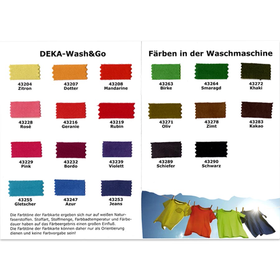 DEKA Wash & Go - teinture pour machine à laver nuancier avec échantillons de couleurs originaux sur tissu coton