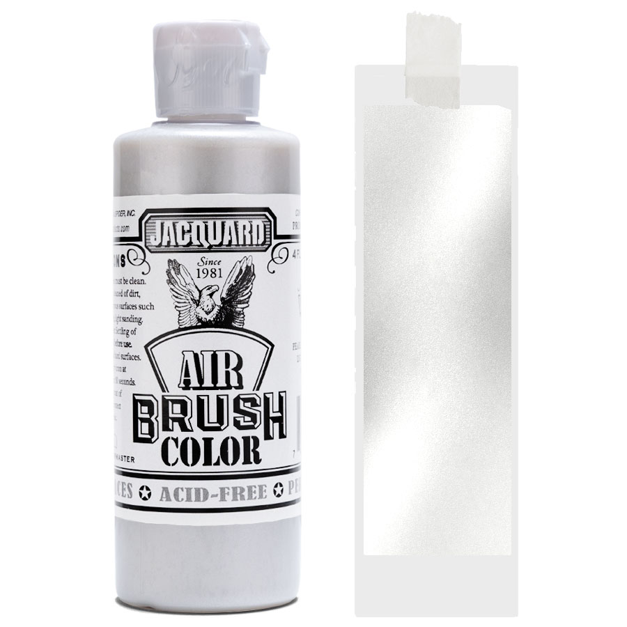 Jacquard Airbrush Metallic 307 White Bottle of Jacquard Airbrush Color Metallic 307 White with colour swatch