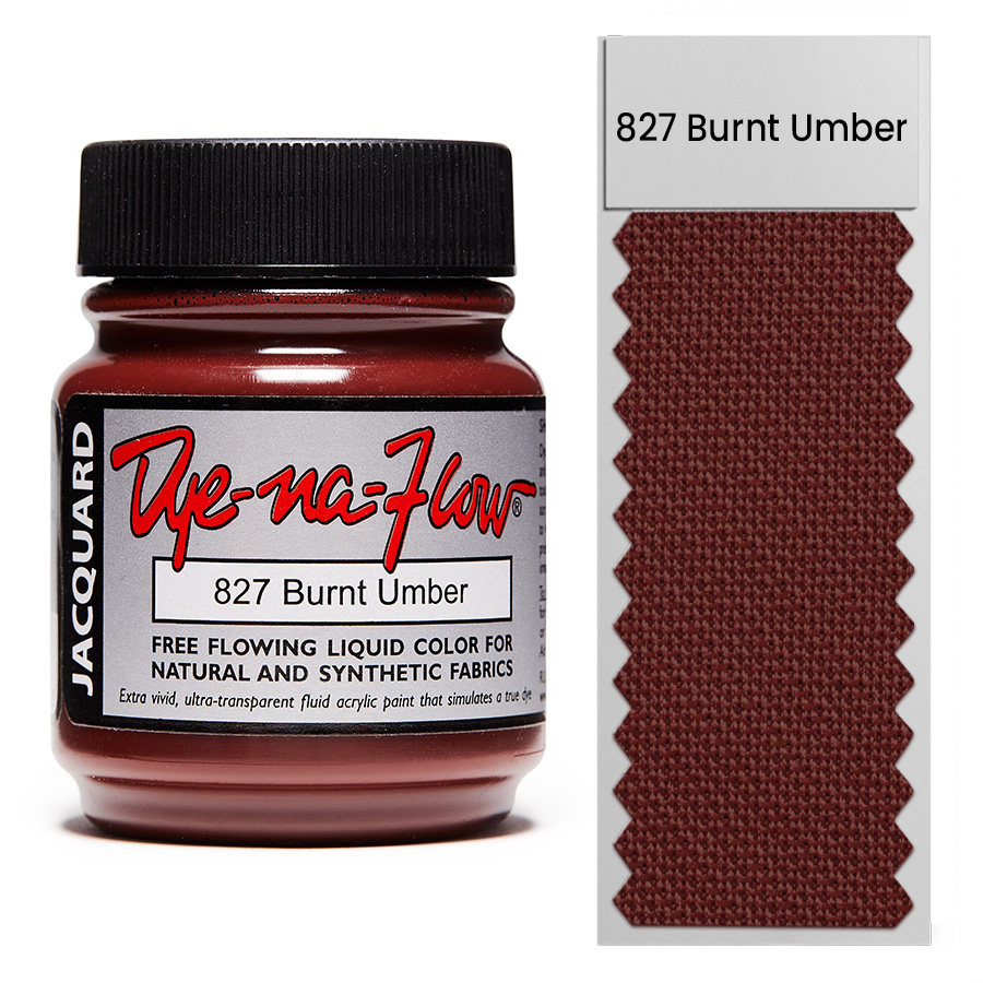 Jacquard Dye-Na-Flow 827 Burnt Umber 67 ml Flasche Jacquard Dye-Na-Flow 827 Burnt Umber 67 ml mit Farbmuster auf Stoff