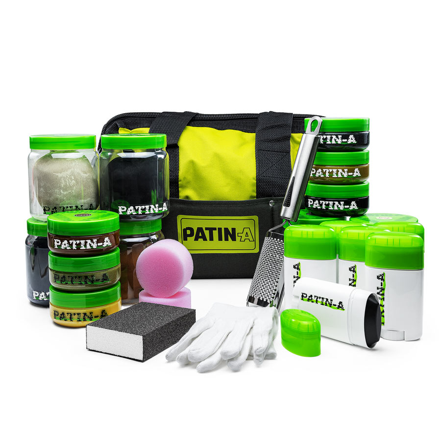 PATIN-A SET 1 Patinierset in Tasche PATIN-A SET 1 mit Produkten vor der gelb-schwarzen Tasche