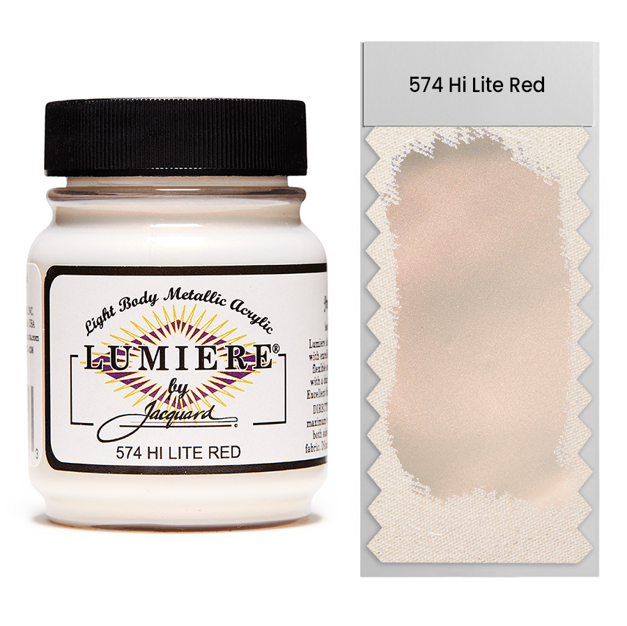 Jacquard Lumiere 574 Hi-Lite Red 67 ml Jar of Jacquard Lumiere 574 Hi-Lite Red 67 ml with swatch, metallic and pearlescent paint