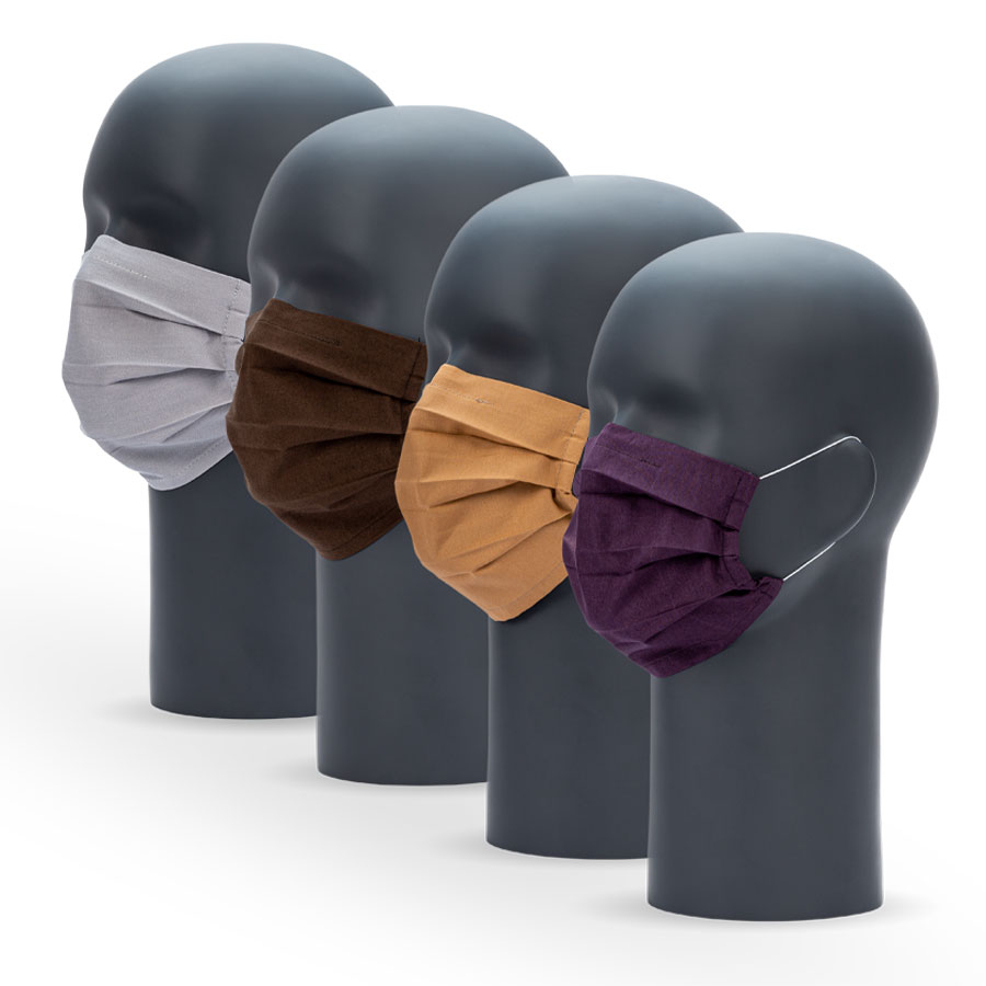 Mund-Nasen-Masken 4 Farben Mund-Nasen-Masken in Grau, Braun, Beige und Aubergine an Kopfbüsten