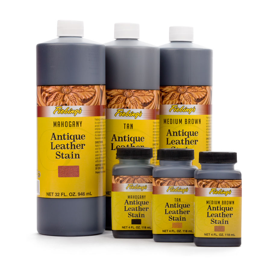Antique Leather Stain sizes Fiebing's Antique Leather Stain in large and small bottles