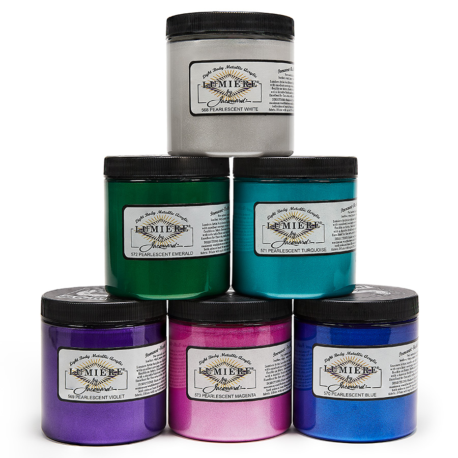 Jacquard Lumiere Pearlescent Six jars of Jacquard Lumiere Pearlescent paints stacked