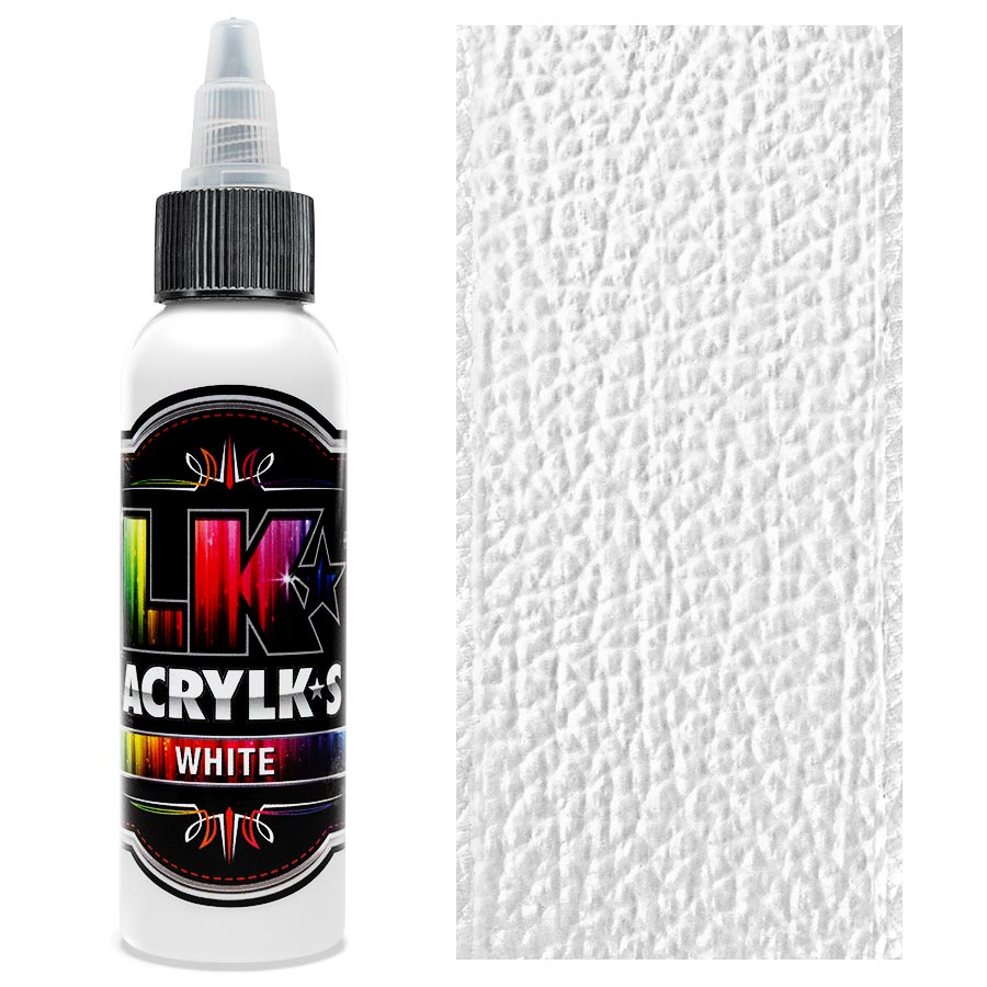 Liquid Kicks Acrylks White - Blanc LK ACRYLKS est la peinture ultime pour le cuir, la toile, le vinyle, le plastique, le métal, le papier, le bois et bien plus encore. Les LK ACRYLKS ont une valeur chromatique élevée et sont incroyablement faciles à mélanger. Les artistes aiment la passion