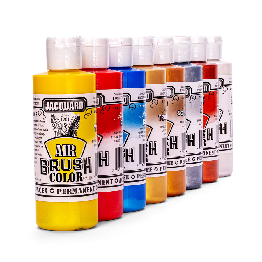 Jacquard Airbrush Color Metallic Row of Jacquard Airbrush Color Metallic bottles in all colours