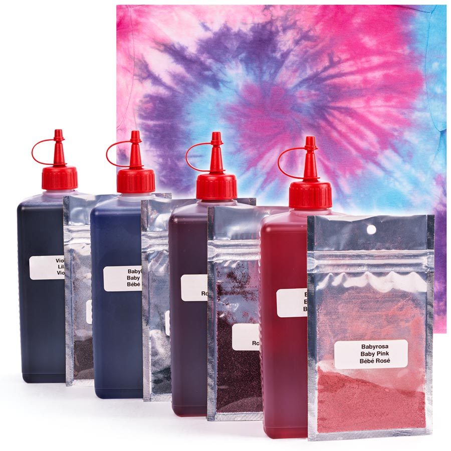 Kit tie-dye Lollipop Contenu du kit tie-dye PATIN-A Lollipop avec flacons rose, violet et bleu et accessoires