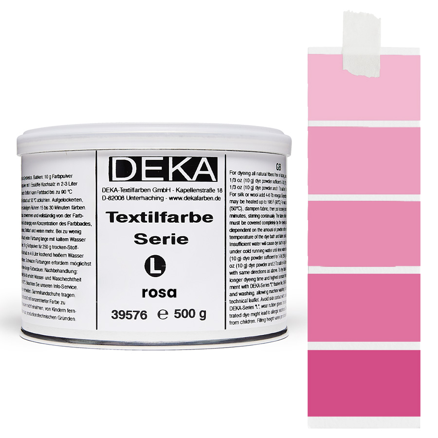 DEKA L Textilfarbe 500 g Rosa Dose DEKA L Textilfarbe 500 g in Rosa mit Farbmustern auf Stoff
