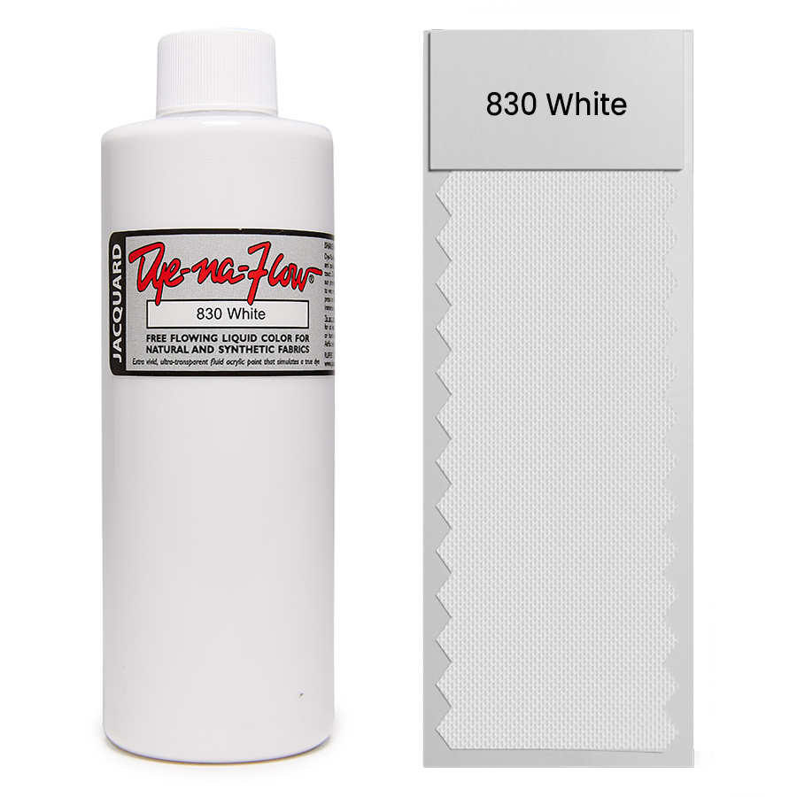 Jacquard Dye-Na-Flow 830 White 236 ml Bottle of Jacquard Dye-Na-Flow 830 White 236 ml with fabric swatch
