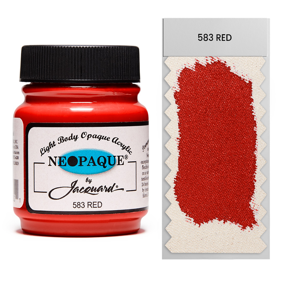 Jacquard Neopaque 583 Red 67 ml Dose Jacquard Neopaque 583 Red 67 ml mit Farbaufstrich auf Stoff, deckende Acrylfarbe