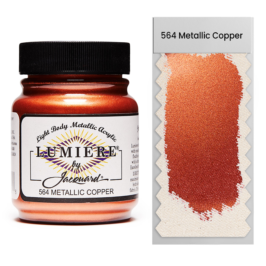 Jacquard Lumiere 564 Metallic Copper 67 ml Jar of Jacquard Lumiere 564 Metallic Copper 67 ml with swatch, metallic and pearlescent paint