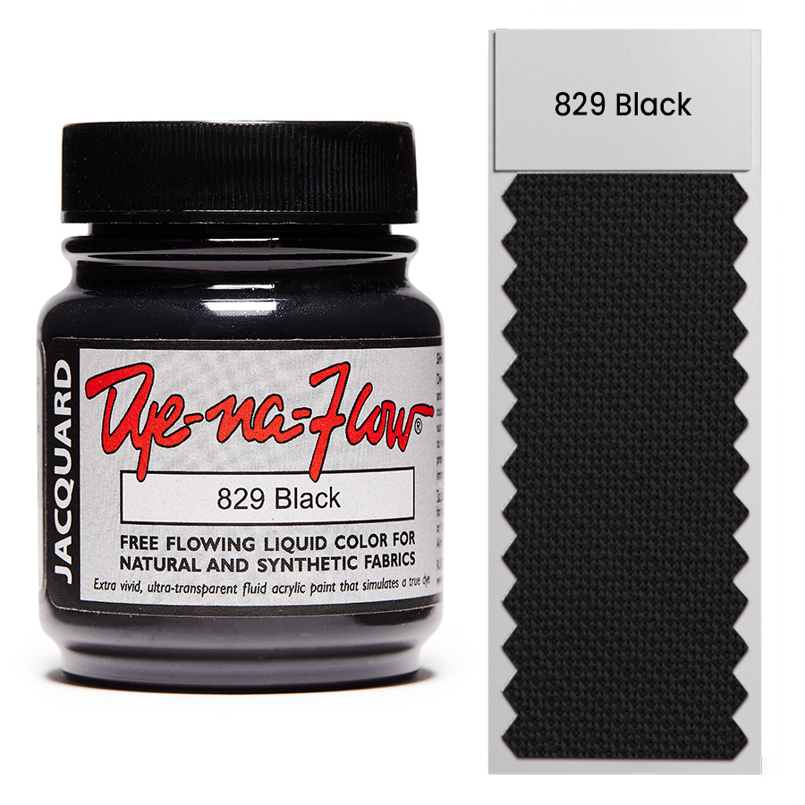 Jacquard Dye-Na-Flow 829 Black 67 ml Flasche Jacquard Dye-Na-Flow 829 Black 67 ml mit Farbmuster auf Stoff