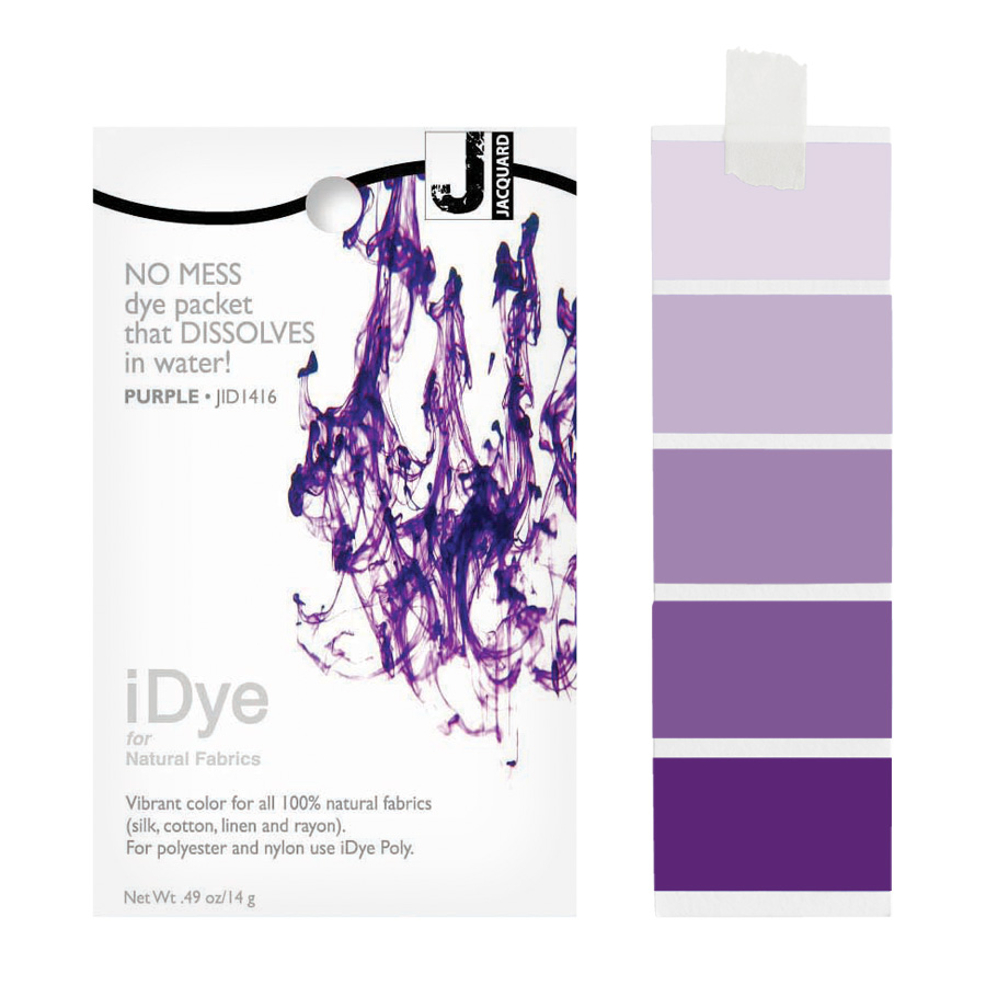 Jacquard iDye Natural 416 Purple Packung Jacquard iDye Natural 416 Purple mit sich lösender Farbe im Wasser und Farbmustern in Lila