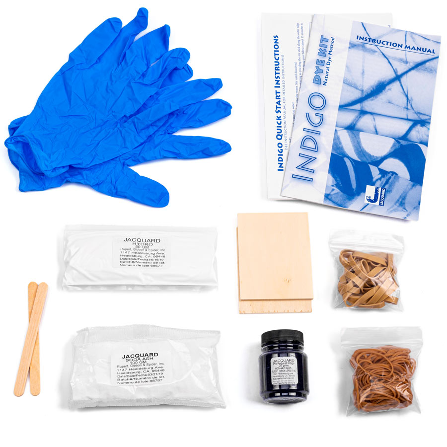 Contenu Indigo Tie Dye Kit Contenu du kit Jacquard Indigo : gants, indigo, réducteur, bois, élastiques, notice