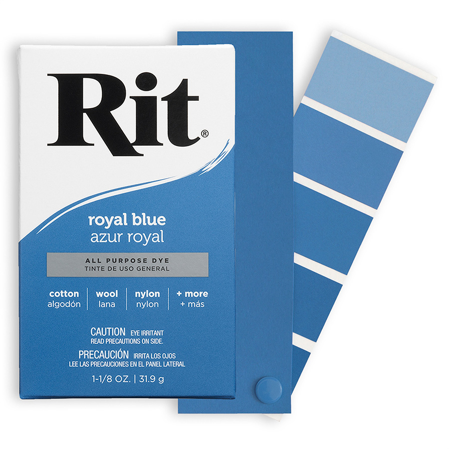 Rit All-Purpose Dye Royal Blue Box of Rit All-Purpose Dye powder Royal Blue 31.9 g with colour gradient