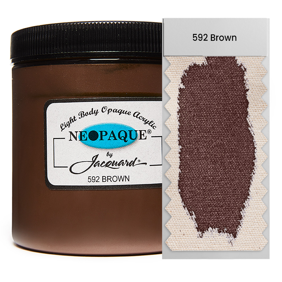 Jacquard Neopaque 592 Brown 236 ml Dose Jacquard Neopaque 592 Brown 236 ml mit Farbaufstrich auf Stoff, deckende Acrylfarbe