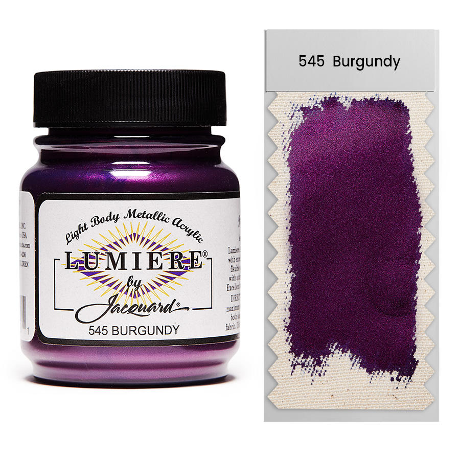 Jacquard Lumiere 545 Burgundy 67 ml Jar of Jacquard Lumiere 545 Burgundy 67 ml with swatch, metallic and pearlescent paint