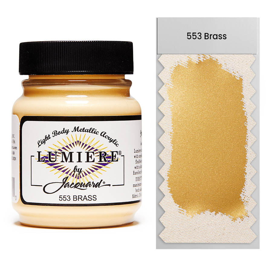 Jacquard Lumiere 553 Brass 67 ml Jar of Jacquard Lumiere 553 Brass 67 ml with swatch, metallic and pearlescent paint
