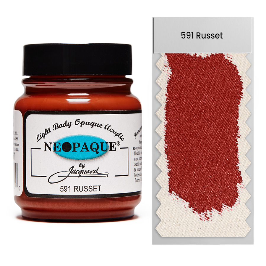 Jacquard Neopaque 591 Russet 67 ml Dose Jacquard Neopaque 591 Russet 67 ml mit Farbaufstrich auf Stoff, deckende Acrylfarbe