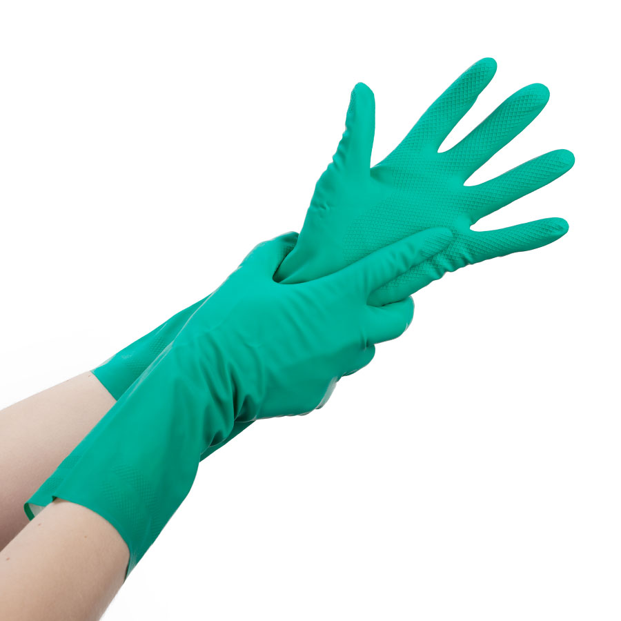 Strapazierfähiger Nitrilhandschuh Grüne strapazierfähige Nitrilhandschuhe werden angezogen