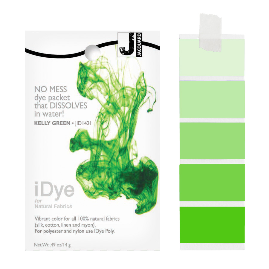 Jacquard iDye Natural 421 Kelly Green Packung Jacquard iDye Natural 421 Kelly Green mit sich lösender Farbe im Wasser und Farbmustern in Grasgrün