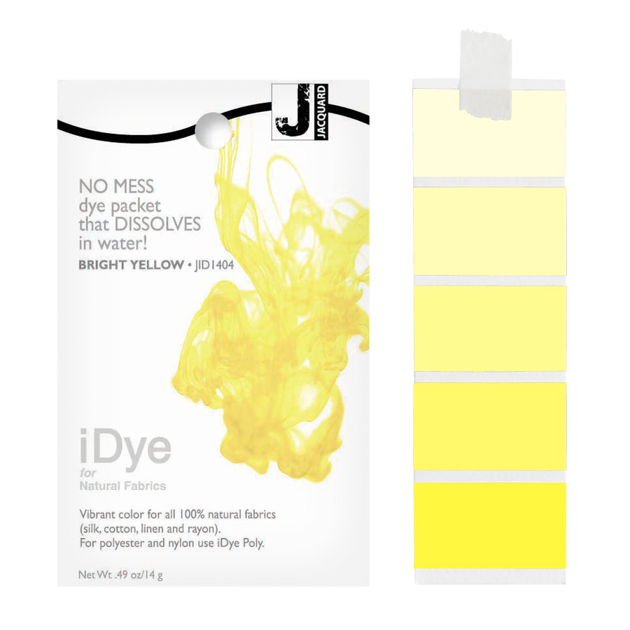 Jacquard iDye Natural 404 Bright Yellow Packung Jacquard iDye Natural 404 Bright Yellow mit sich lösender Farbe im Wasser und Farbmustern in Hellgelb
