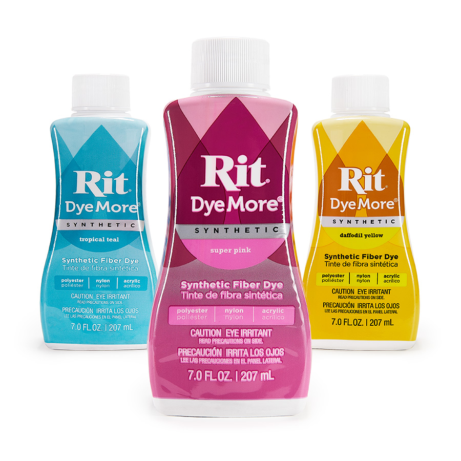 Rit DyeMore trois flacons Trois flacons Rit DyeMore Tropical Teal, Super Pink et Daffodil Yellow