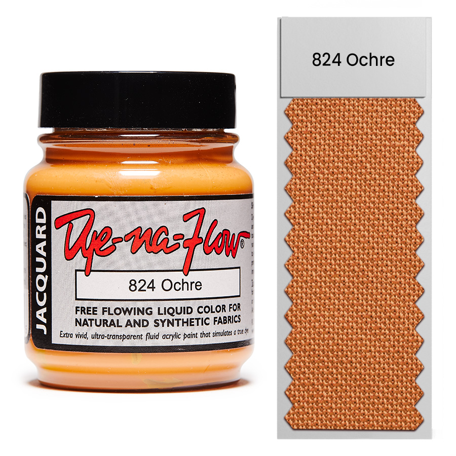 Jacquard Dye-Na-Flow 824 Ochre 67 ml Flasche Jacquard Dye-Na-Flow 824 Ochre 67 ml mit Farbmuster auf Stoff