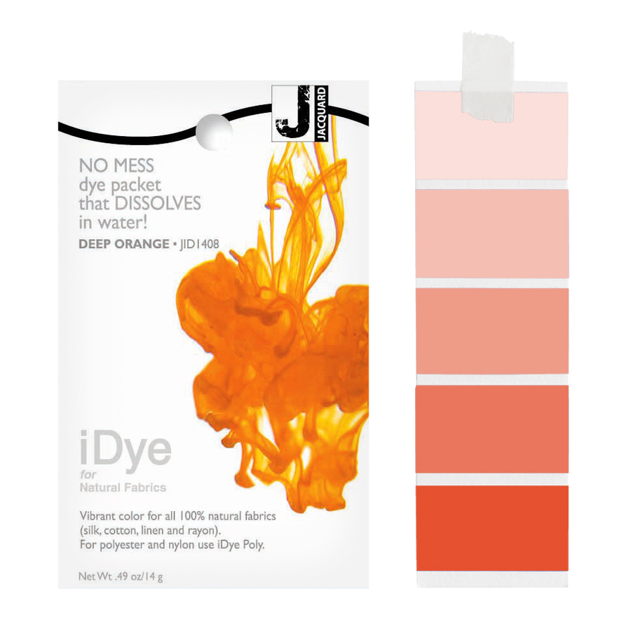 Jacquard iDye Natural 408 Deep Orange Packung Jacquard iDye Natural 408 Deep Orange mit sich lösender Farbe im Wasser und Farbmustern in Tieforange