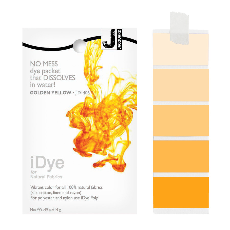 Jacquard iDye Natural 406 Golden Yellow Packung Jacquard iDye Natural 406 Golden Yellow mit sich lösender Farbe im Wasser und Farbmustern in Goldgelb