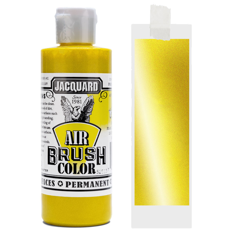 Jacquard Airbrush Metallic 300 Yellow Bottle of Jacquard Airbrush Color Metallic 300 Yellow with colour swatch
