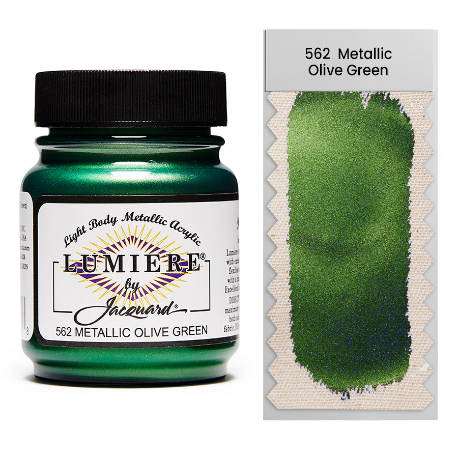 Jacquard Lumiere 562 Metallic Olive Green 67 ml Jar of Jacquard Lumiere 562 Metallic Olive Green 67 ml with swatch, metallic and pearlescent paint