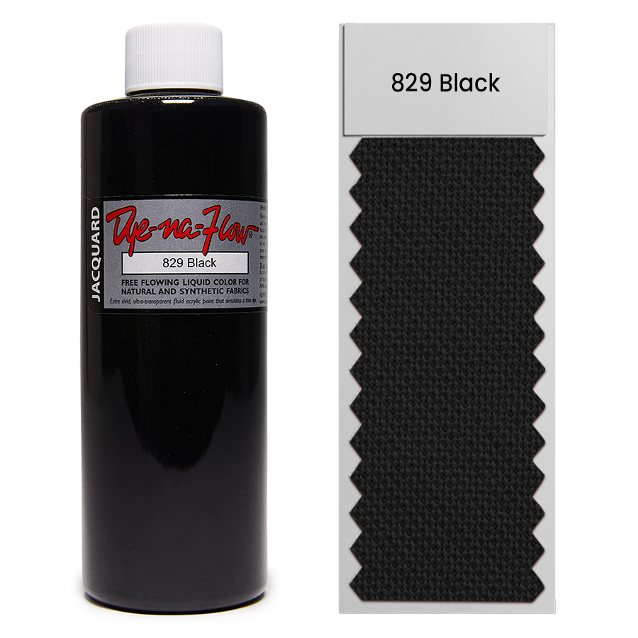Jacquard Dye-Na-Flow 829 Black 236 ml Bottle of Jacquard Dye-Na-Flow 829 Black 236 ml with fabric swatch