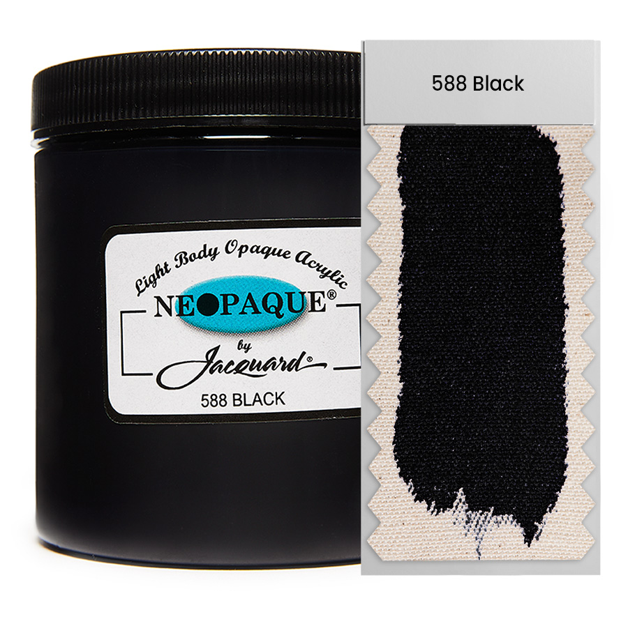 Jacquard Neopaque 588 Black 236 ml Dose Jacquard Neopaque 588 Black 236 ml mit Farbaufstrich auf Stoff, deckende Acrylfarbe
