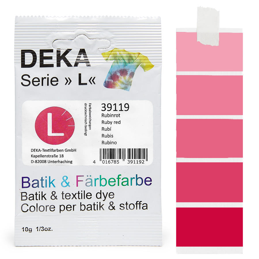 DEKA L teinture batik rouge rubis 10 g Sachet de teinture batik DEKA série L rouge rubis, 10 g, avec dégradé