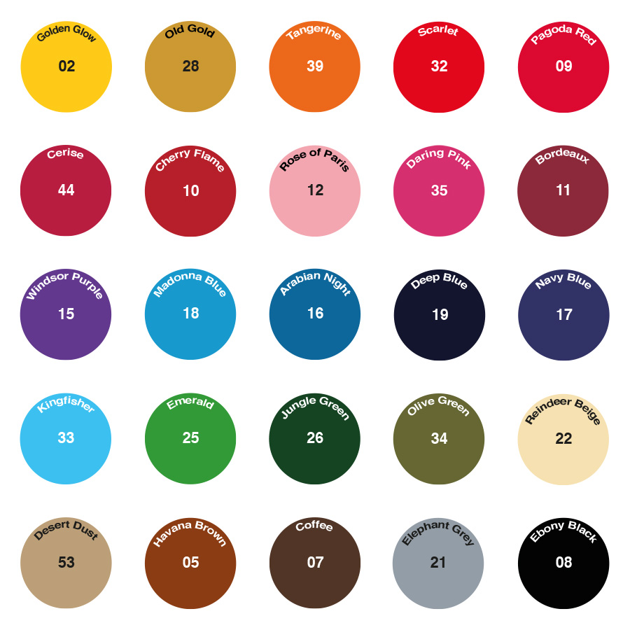 Dypro (DYLON) Textilfarbe 500 g Farbpalette Dypro (DYLON) Textilfarbe mit 30 Farbtönen als nummerierte Farbkreise