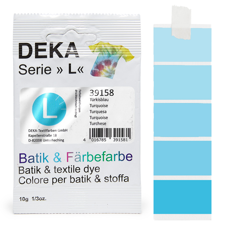 DEKA L teinture batik bleu turquoise 10 g Sachet de teinture batik DEKA série L bleu turquoise, 10 g, avec dégradé