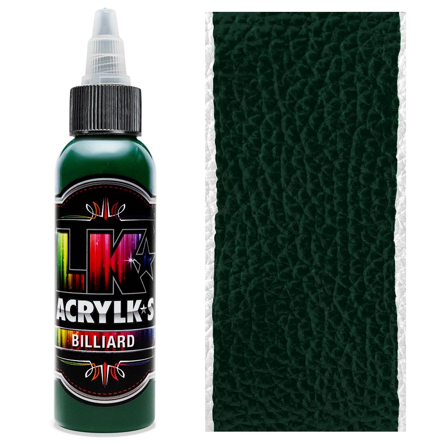 Liquid Kicks Acrylks Billard - Vert LK ACRYLKS est la peinture ultime pour le cuir, la toile, le vinyle, le plastique, le métal, le papier, le bois et bien plus encore. Les LK ACRYLKS ont une valeur chromatique élevée et sont incroyablement faciles à mélanger. Les artistes aiment la passion