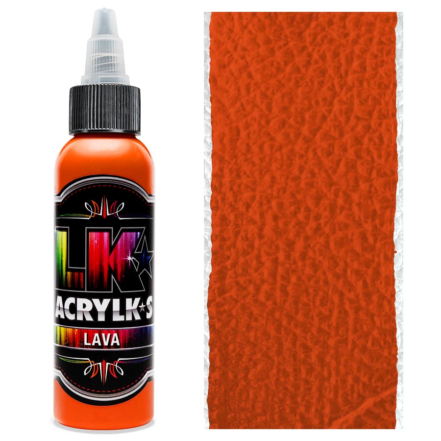 Liquid Kicks Acrylks Lava - Orange LK ACRYLKS est la peinture ultime pour le cuir, la toile, le vinyle, le plastique, le métal, le papier, le bois et bien plus encore. Les LK ACRYLKS ont une valeur chromatique élevée et sont incroyablement faciles à mélanger. Les artistes aiment la passion